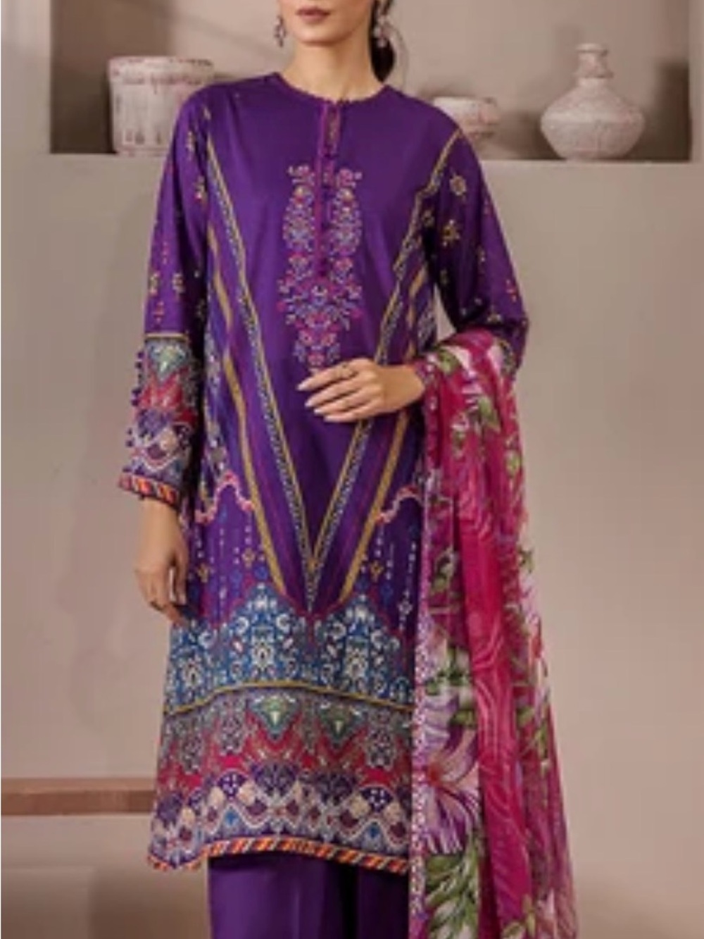 Vibrant Purple Embroidered Lawn Dress  with Pink Scarf